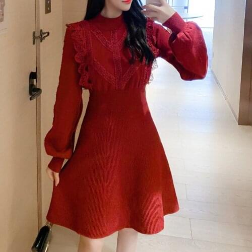 SMTHMA 2021 New Autumn/Winter Lace Patchwork Knitted Dress Women Girls Sweet Lantern Sleeve Sweater A Line Vestidos