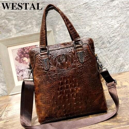 WESTAL mens genuine leather handbag for mens shoulder bag Crocodile pattern vintage luxury brand designer crossbody tote 0627