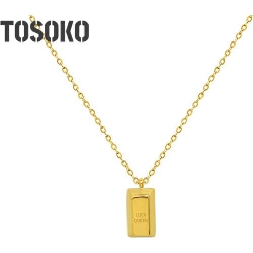 TOSOKO Stainless Steel Jewelry Ins Gold Brick Necklace Three Dimensional Square Pendant Womens Fashion Clavicle Chain BSP1005