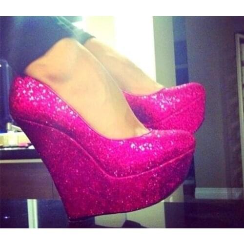 Chic Fuchsia Sliver Bling Sequined Wedges Woman Pumps Ultra High Heel Slip On Platform Pump Spring Autumn T Stage Dress Shoes
