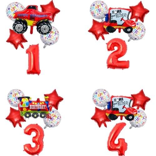 6pcs Cartoon Cars Fire Truck Foil Ballon with 30inch Red Number Happy Birthday Party Decoration Boy Gift Tank Fire Car Balloons