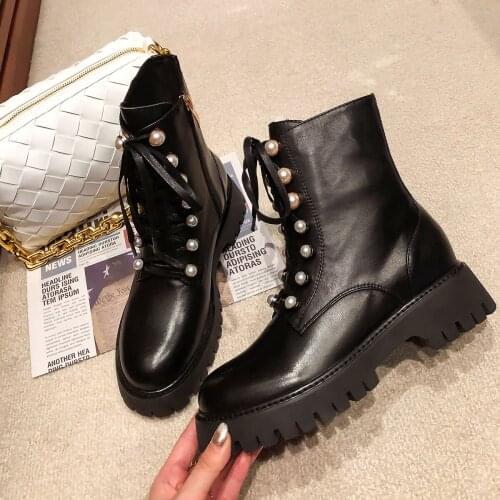 Osunlina Zipper Ankle Boots Pearl Decoration Round Toe Lace Up Flat Boots Woman Genuine Leather Comfortable Handmade Shoes A042