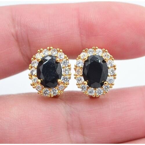 Gold Color Women Oval Black Cubic Zirconia CZ Huggie Hoop Earrings Jewelry