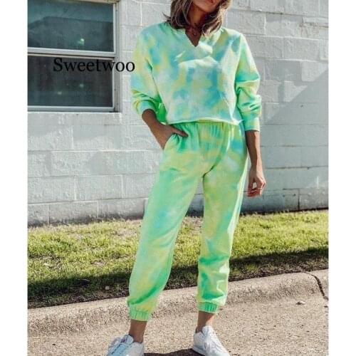Tie Dyeing 2 Piece Set Women Long Sleeve Sweatshirt Set Spring Autum Sportwear Tracksuit Sweatpants Casual Female Two Piece Suit