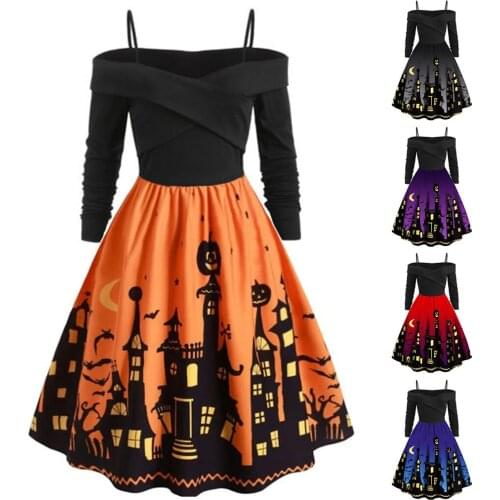 Ladies Pumpkin Party Print Dress Halloween Long Sleeve V-neck Retro Casual Large Size Dress Vestibule Cosplay