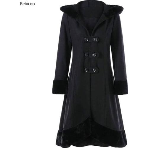 New Gothic Long Lace Up Bandage Ribbon Bow Wool Blends Coats Flocking Fur Christmas Black Vintage Hooded Overcoat
