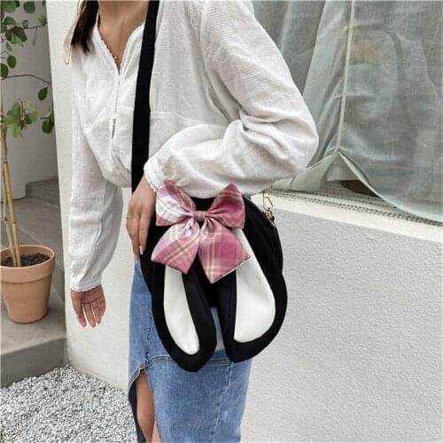 New fashion 1PC Rabbit Ear Cute Funny Bow Canvas Bag Girl Student Chain Messenger Bag Women Shoulder Bags