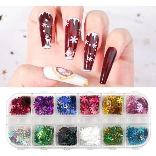 12 Grid/Set Colorful New Year Snowflake Shape Glitter 3d Colorful Nail Art Sequins Slices Flakes Manicure Decorations