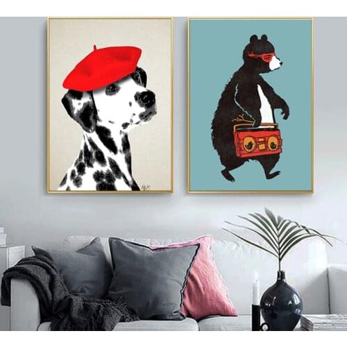Abstract Dog Red Hat Paintings Print On Canvas Art Cute Bear Posters Decorative Wall Art Pictures For Living Room Home Decor