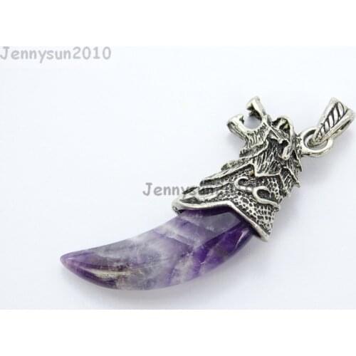 Natural Ame-thyst Gems stones Claw Paw Tibetan Silver Carved Wolf Head Pendant Charm Beads Great for Jewelry Design 10Pcs/Pack