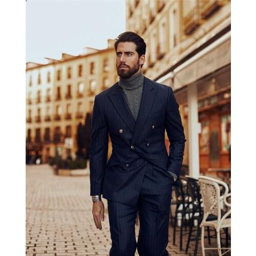 2021 Formal Classic Navy Blue Stripe Business Men Suits Tuxedos Groom Wear Wedding Suits Slim Fit Double Breasted Suits For Men