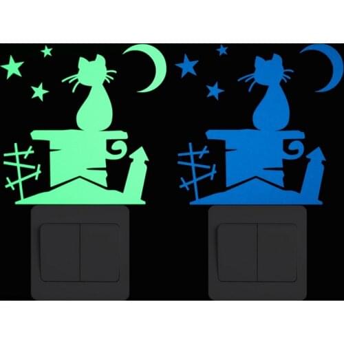 Cat on Roof Chimney Watch the Moon and Stars Switch Sticker Glow in the Dark Wall Decoration Sticker Home Decor Luminous Decals