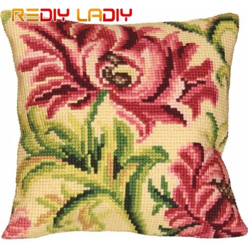 Cross Stitch Cushion Cover Pink Flowers Needlepoint Kits Pre-Printed Canvas Thick Yarn Cross-stitch Pillow Case Arts and Crafts