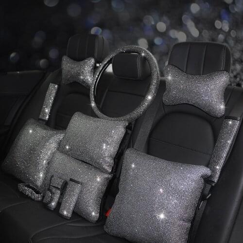 Fashion Rhinestones Crystal Car Seat belt cover pad Neck pillow Waist Support Steering wheel cover Auto Interior Accessories Set