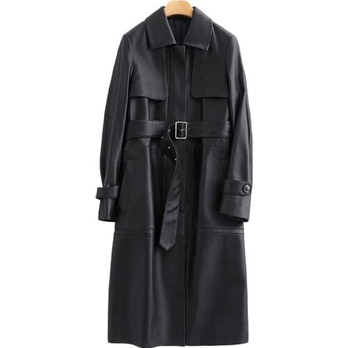 Nerazzurri black long leather trench coat women with belt turn down collar spring faux leather coat leather clothes for women