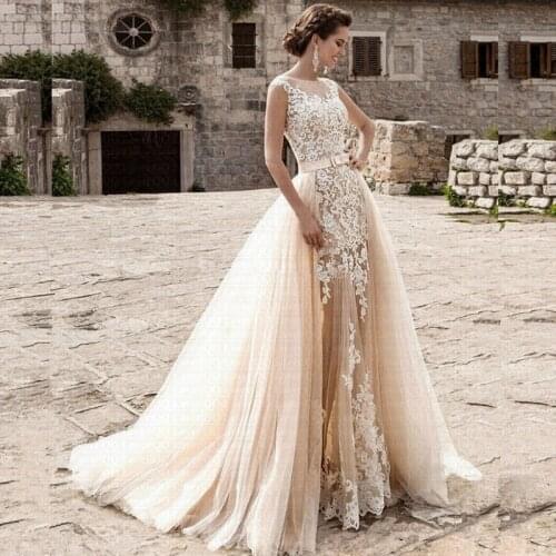 2 em 1 Vestido De Noiva Charming Mermaid Wedding Dress Sheer Detachable Train Bridal Gown Lace Bride Dress 2019 Robe de Mariee