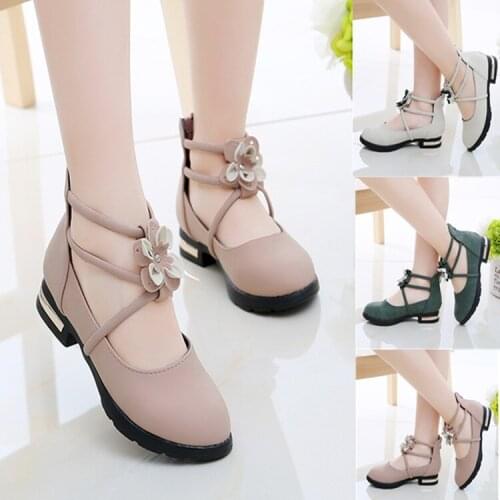 2021 Autumn Girls' Leather Shoes Performance Dance Kids Flats Princess Shoes for Wedding Chic Flowers Sweet Hot Zip 27-37 Cute
