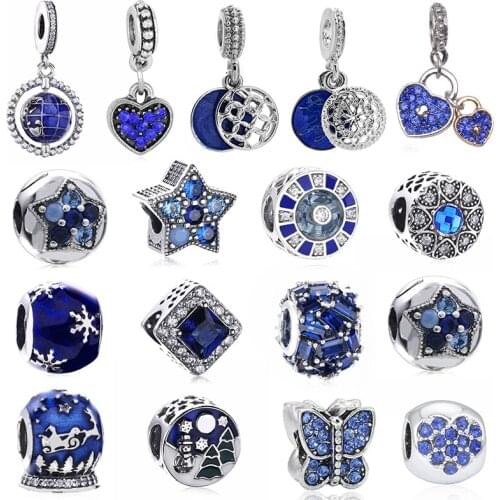 2Pcs/Lot Silver Plated Blue Crystal Beads Charm Pendant Fit Original Brand Bracelets & Bangles For Women Kids DIY Jewelry Making