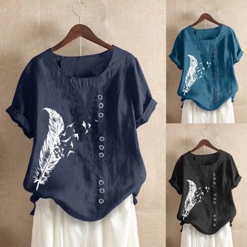 Casual feather print T-shirt short sleeve round neck cotton hemp loose womens top 2021 summer new womens wear Костюмы с шортам