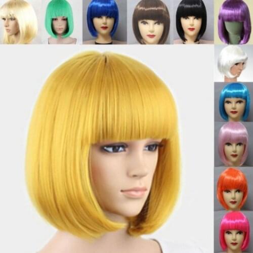 Straight Short Bob Wig For Women 13 Colors Natural Synthetic Hair Cosplay Wigs Bangs Cosplay Party Stage Show Supplies