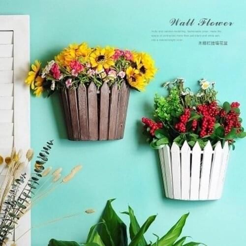 Retro old wooden fence flower basket wall hanging milk tea shop wall garden decoration three-dimensional wall pendant LB40804