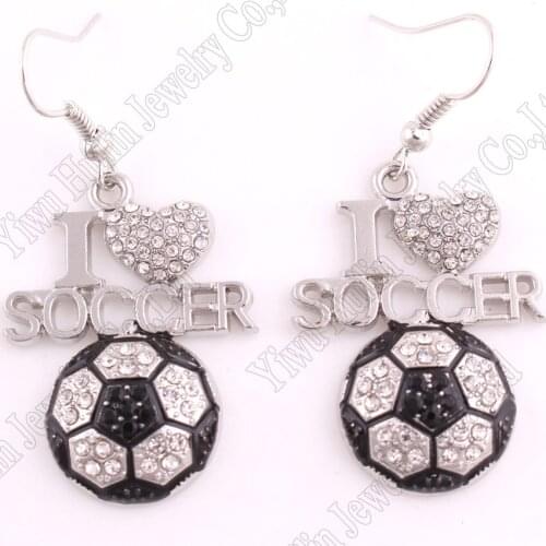 Best-Selling rhodium plated earring with sparkling crystals I LOVE SOCCER pendant