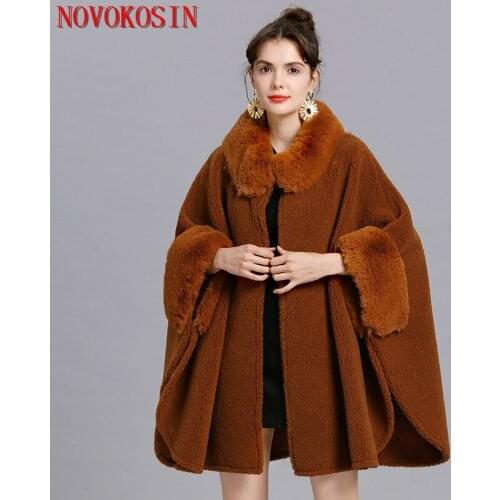 SC409 2019 Winter Warm Plus Size Short Sleeves Poncho Faux Hairy Fox Fur Coat Women Cardigan Turndown Collar Open Stitch Coat