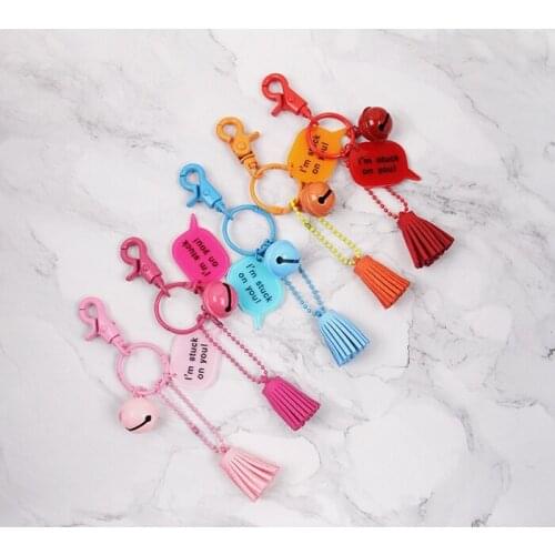 Cute Plastic Tag I'm Stuck on you Tassels Keychain Key Chain Metal Ring Trinkets Car Bag Pendent For Women D235