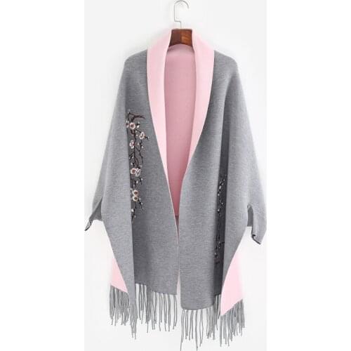 Brand New design with sleeve Poncho scarf winter warm cashmere Embroidery Cape tassel Blanket wrapped scarf shawl For Women