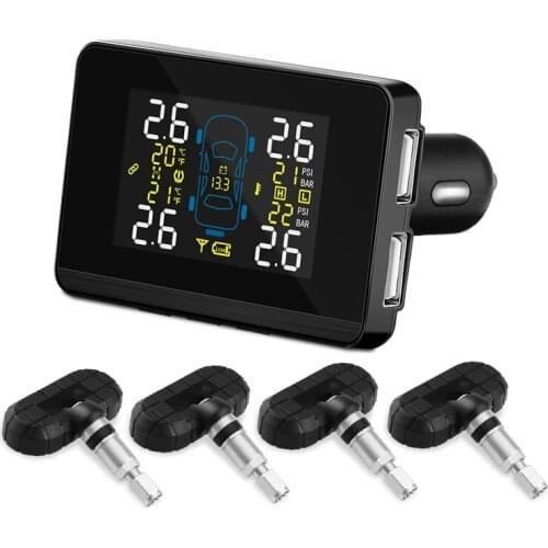TPMS Tyre Pressure Monitoring System U906C With 2 USB Ports For Two Mobile Phones Charging + 4 Replaceable Battery Sensors