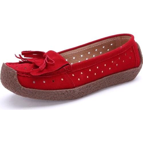 Nubuck Leather Women Shoes Large Size Moccasin Shoes Loafers Hollow Mother Shoes Breathable Casual Shoes Non-slip Flat Shoes