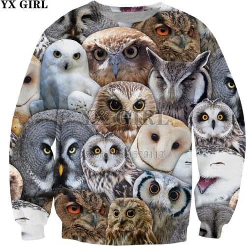 YX GIRL Brand Hoodies 2018 Fashion Men/Women Long Sleeve Outerwear Animal Funny owl 3d Print Novelty casual Sweatshirts