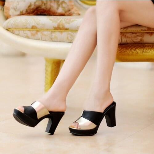 Cowhide Women Sandals Plus Size 40 Sweet 2019 Open Toe Slippers Female Thick Heel Shoes Genuine Leather Dames Schoenen