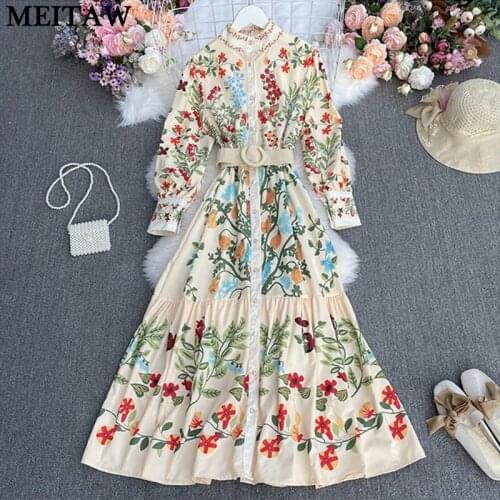 2021 Spring Autumn Women Long Sleeve Floral Party Dresses Vintage High Waist Long Dress Robe Plus Size Dress Vestidos