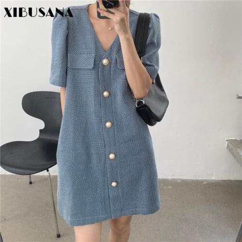 French Retro Single-Breasted Loose Dresses Women Short Sleeve V-Neck Women Elegant Plaid Dress Blazer Pocket Mujer Vestidos