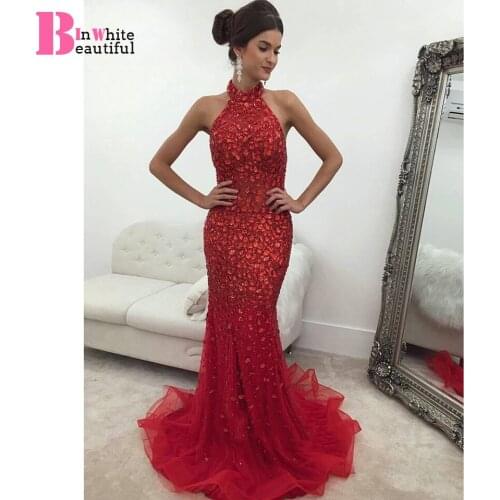 Beautifulinwhite Red Prom Dresses Full Crystal Halter See Through Tulle Floor Length Robe De Soiree Backless Evening Dress BP047