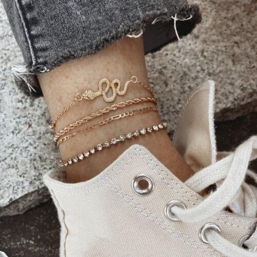 4pcs/set full diamond snake-shaped chain multi-layer Anklet 2021 Summer Beach Foot Jewelry Fashion Anklets for Women