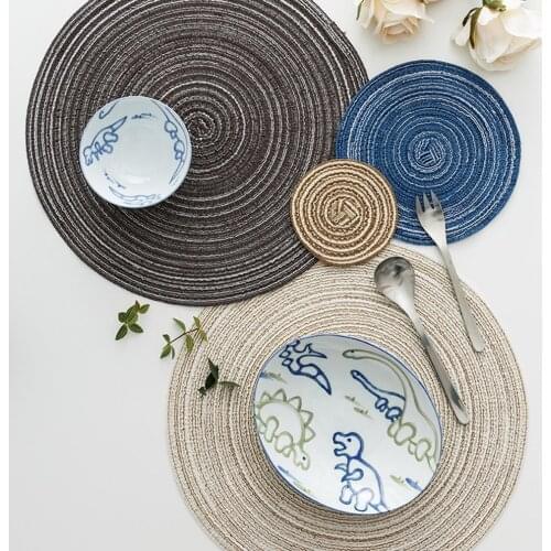 6Pcs Woven Round Placemats Heat Insulation Non Slip Braided Cotton Dinner Table Mats Bowls Coaster Kitchen Tool Home Decoration