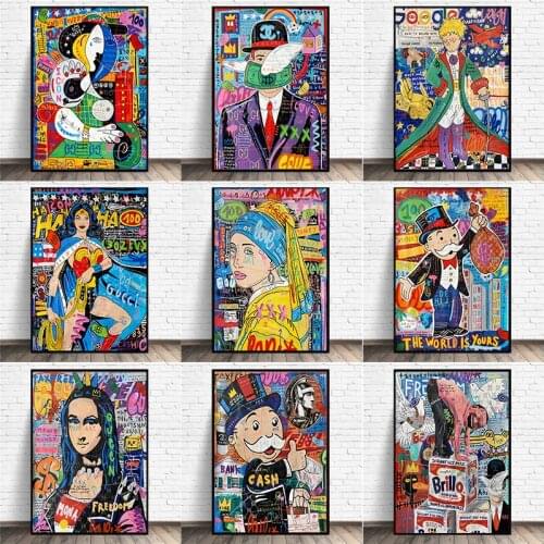Abstract Figure Graffiti Street Art Mona Lisa Monopoly Oil on Canvas Painting Poster and Print Wall Art Picture for Living Room