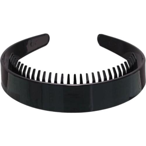 Women Girls 2.5cm Wide Plain Headband with Non-Slip Teeth Comb Shiny Black Plastic Hair Hoop DIY Styling Makeup Headwear