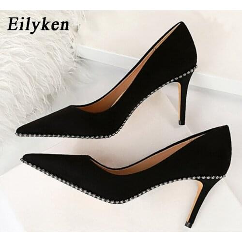 Eilyken Designer Brand Flock Rivets Women Stripper Pumps Thin High Heels Sexy Pointed Toe Shallow Wedding Party Stiletto Shoes