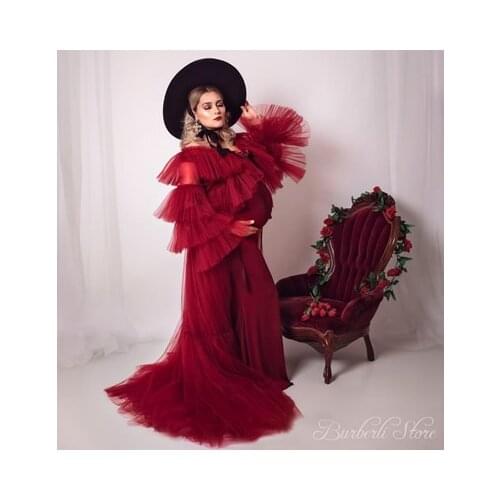 Hot Sale Burgundy Birdal Tulle Robes Custom Made Any Color Maternity Tulle Gowns For Photo Shoot Maternity Dresses Plus Size
