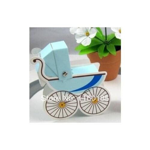Hot Free Shipping 50pcs blue baby carriage paper candy box party decoration gift chocolate box packing favour box