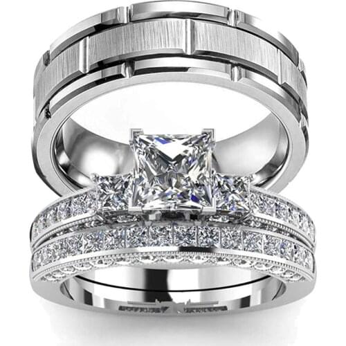 Couple Rings Womens Classic Square Zircon Wedding Engagement Ring Set & Mens 8MM Stainless Steel Silver Color Groove Cut Ring