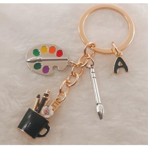Painters tools enamel pen holder palette and brush keychain, A-Z letter pendant key ring, jewelry