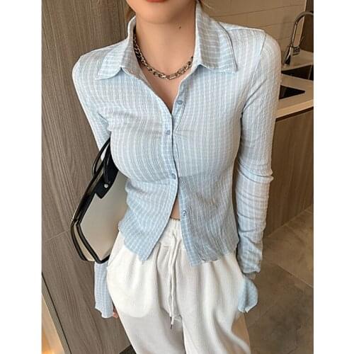 Real shot 2021 new striped chiffon shirt womens long-sleeved sunscreen fashion design short top
