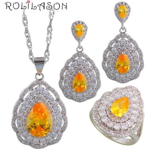 ROLILASON Yellow Zircon Water drop Silver filled 925 stamped got engaged Jewelry Sets Earrings Necklace rings JS698