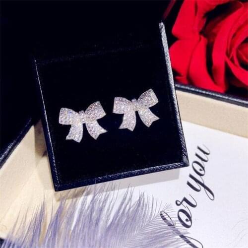 Rulalei Stunning Luxury Jewelry 925 Sterling Silver Needle Pave White 5A Cubic Zircon Party Women Bow Stud Earring Gift