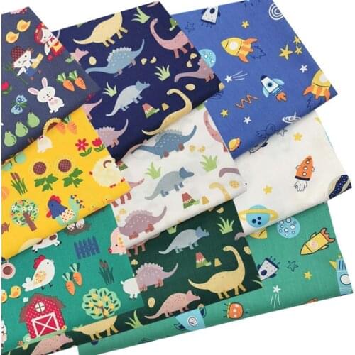 100% Cotton Twill Fabric Cartoon Dark Blue Yellow Green White Rocket Dinosaur Farm Animal for DIY Apparel Patchwork Decor Craft