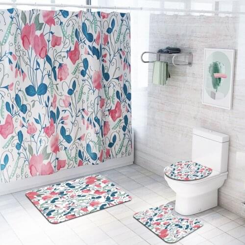Fresh Flowers Printed Waterproof Bath Curtain Set Toilet Cover Mat Non-Slip RugBath Curtain Set Bath Mat/Toilet Pad Set